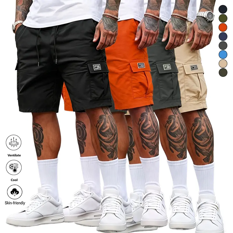 Clean Gent men’s casual loose solid-color cargo pants 4-piece set—streetwear outfit set featuring multi-pocket cargo shorts; comfortable, stylish menswear suitable for everyday casual wear and sports; trendy menswear.