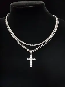 Hip Hop Twist Chain Necklace & Rhinestone Cross Pendant Necklace for Daily Wear, Stainless Steel Jewelry for Men & Women, Classic Jewelry for Gift