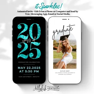 Teal Glitter Graduation Video Invitation | Editable Canva Template | Animated Class of 2025 Invite to Match School Colors