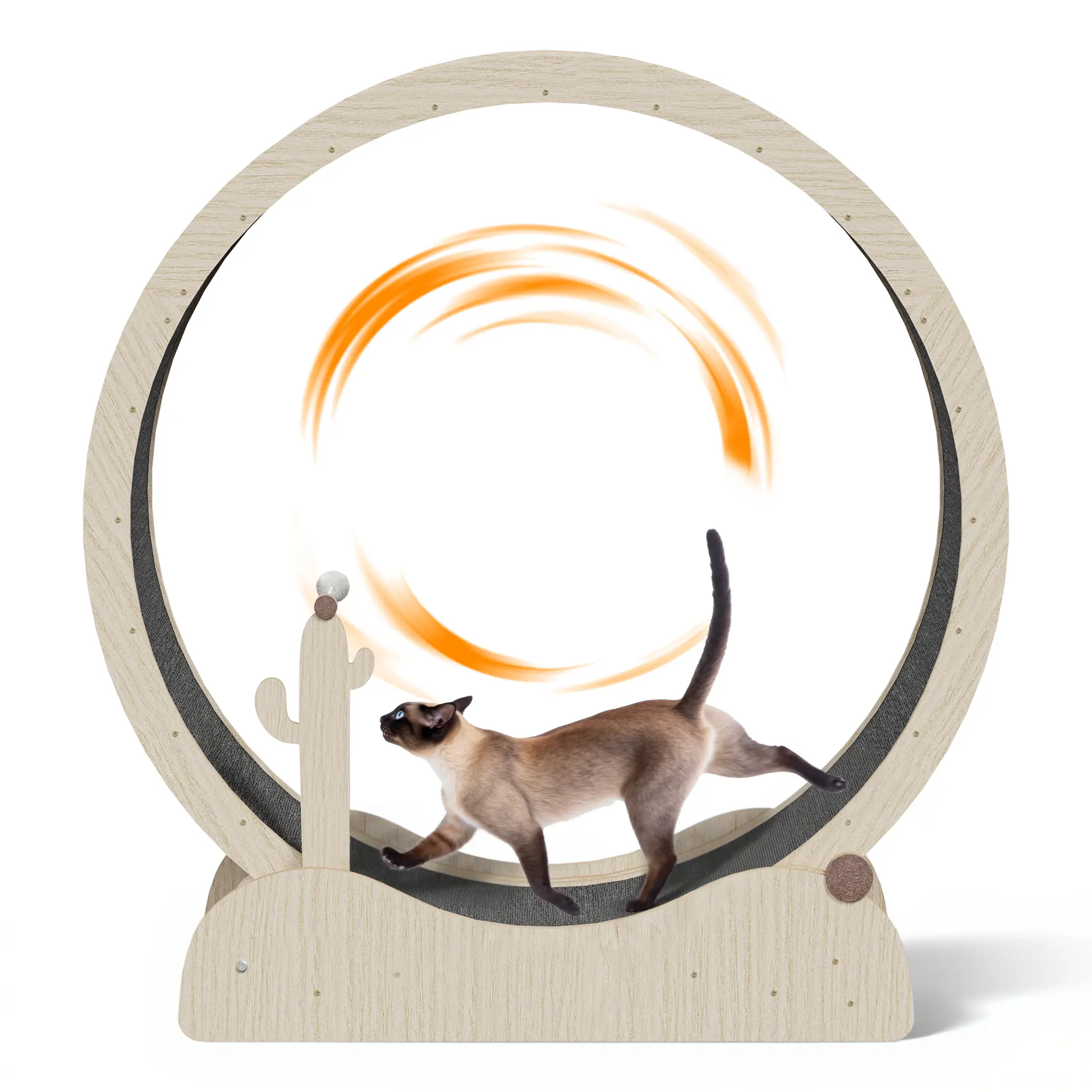 NOVA Solid Wood Indoor Cat Exercise Wheel - 43/47-in Safety Treadmill with Carpeted Runway, Teaser Wand, Timber Scratcher, Natural Finish, Safety Base, MDF Build, 42lb Capacity, 43*14.6*44.9-in Size, Wood Energy Burner for Active Cats' Active Play
