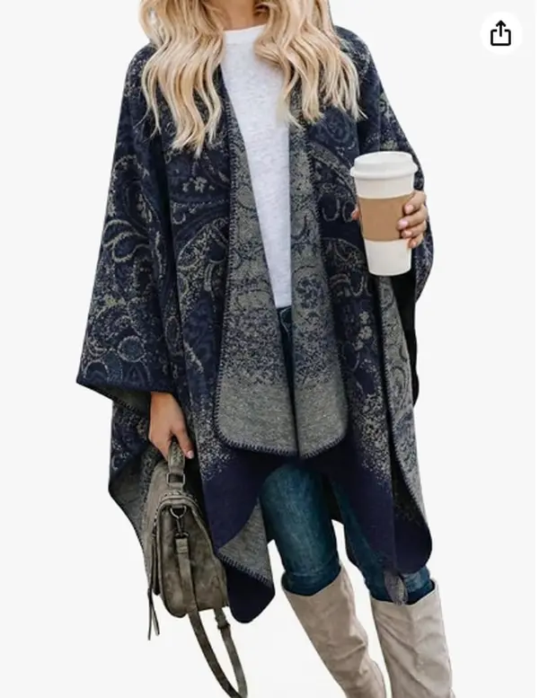 Women's Boho Open Front Poncho Knitted Plaid Shawl Wrap Cape Tassel Cardigan Sweater