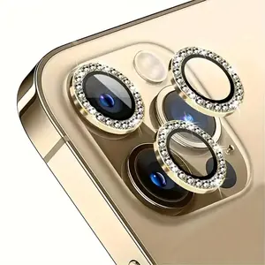 For iPhone 16/15/14/13/12/11 Pro Max Plus Mini Golden Artificial Diamond Camera Lens Protector, Protective, 9H Tempered Glass Scratch Resistant Glitter Shiny Lens Protector, Cellphone Accessories
