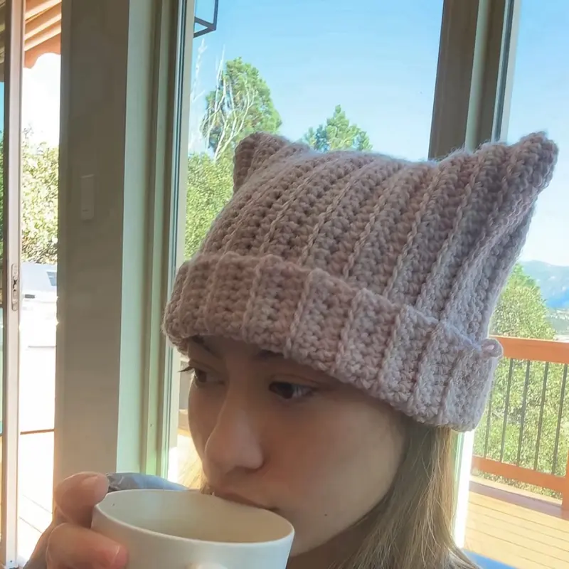 Pink Handmade Crochet Cat Ear Shaped Beanie for Cozy Winter Days