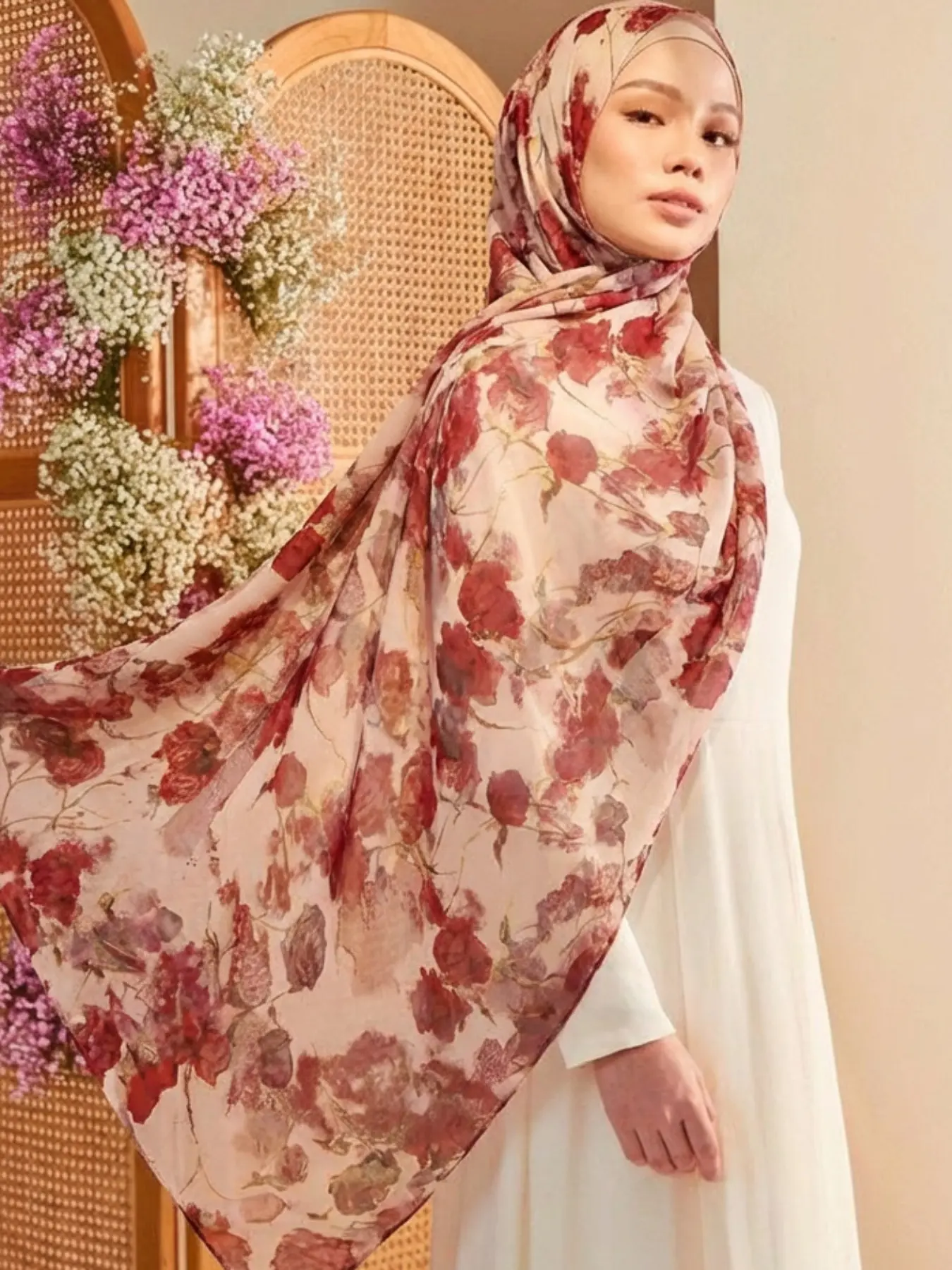 Women's Chiffon Floral Print Hijab Scarf For Muslim, Elegant Ladies' Headscarf & Turban, Breathable Long Shawl for Daily Wear