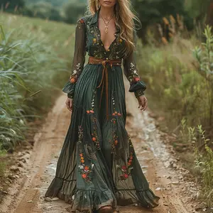 Women's Ethnic Bohemian Print V-Neck Long Sleeve Loose Flowy Polyester Mini Dress - 2026 New Arrival All-Season Casual Wear Boho Outfits for Beach, Vacation