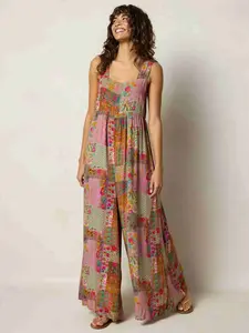 Women's Summer Jumpsuit, Fashion Casual Print Wide Shoulder Straps Square Neck Gathered Loose Fit One-Piece Pants