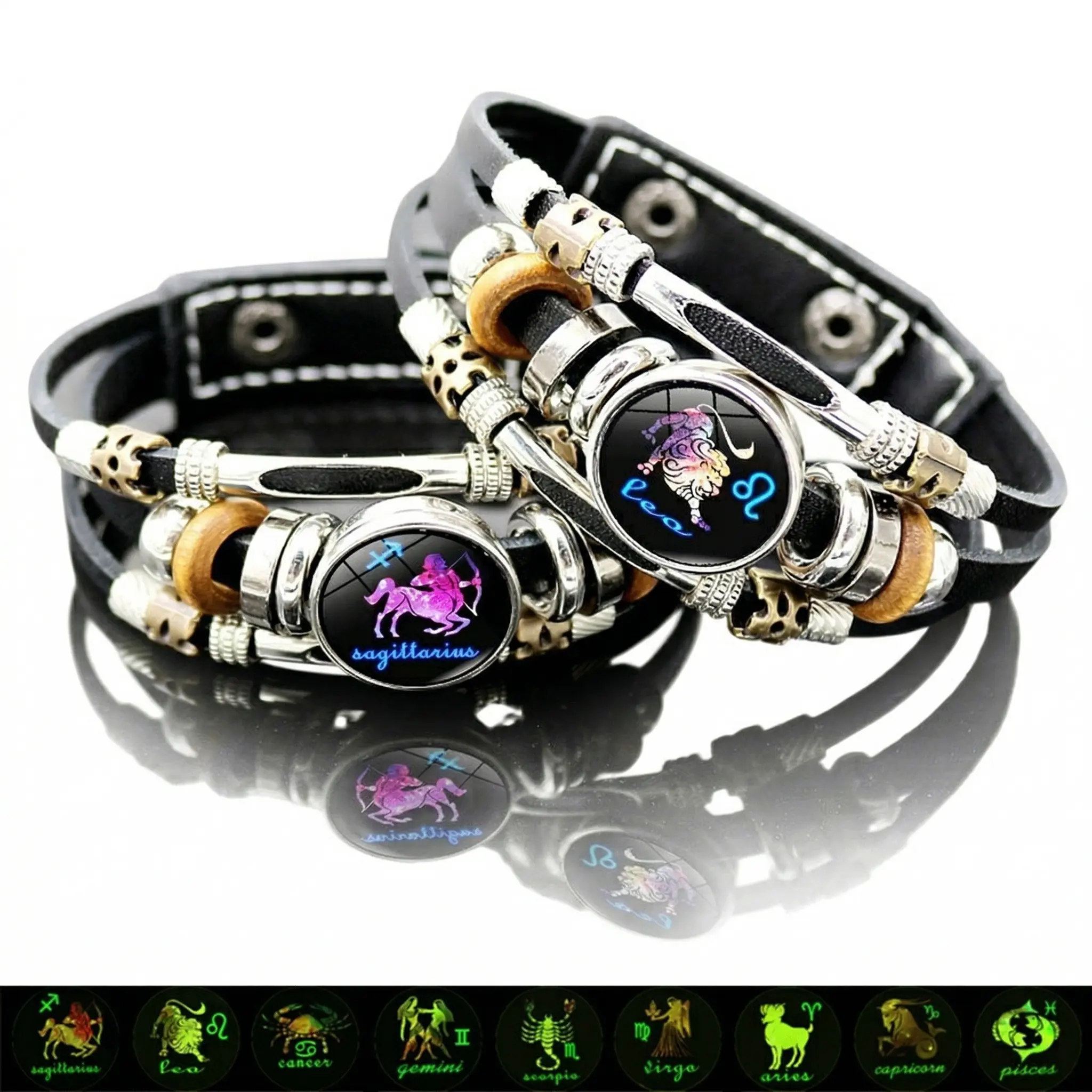 Glow in the Dark 12 Signs Zodiac Leather Bracelet for Men Women(6.9in/8.1in), Astrology Horoscope Bracelet, Gift Jewelry