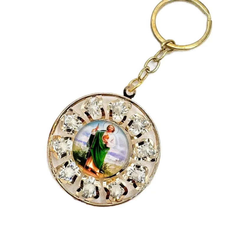 12pcs Religious Motif Chain-Attached Keychains - St. Jude & Virgen Mary Circular Pendant Decorative Charm Keychain Charms, Baptism Favors with Free Bags, Keychain Charm