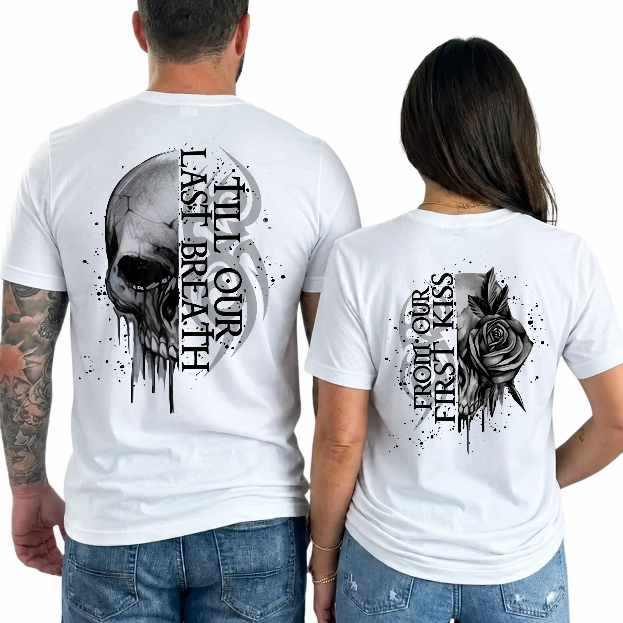 Skull Couple All Over From Our First Kiss Till Our Last Breath Couple Matching Graphic Tee Shirt Tops Trendy for women for men, Couples Love Gift