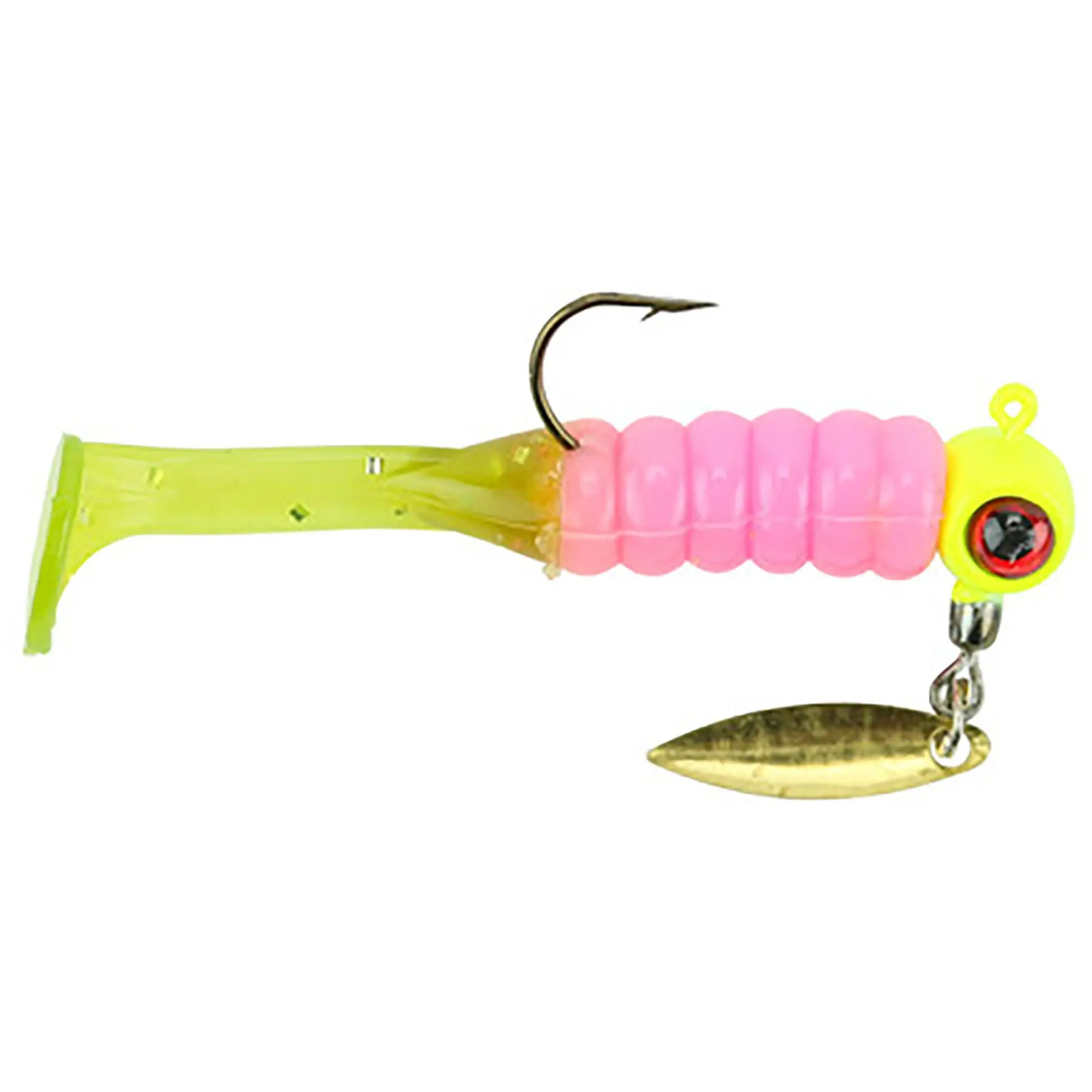 Sausage Head Spinning Jig Heads, 2 Pack Pre-Rigged Ribbed Soft Plastic Lures with Paddle Tail and Hammered Willow Blade, Bass Fishing Gear and Equipment, Jig Heads For Fishing, Bass Fishing Lures