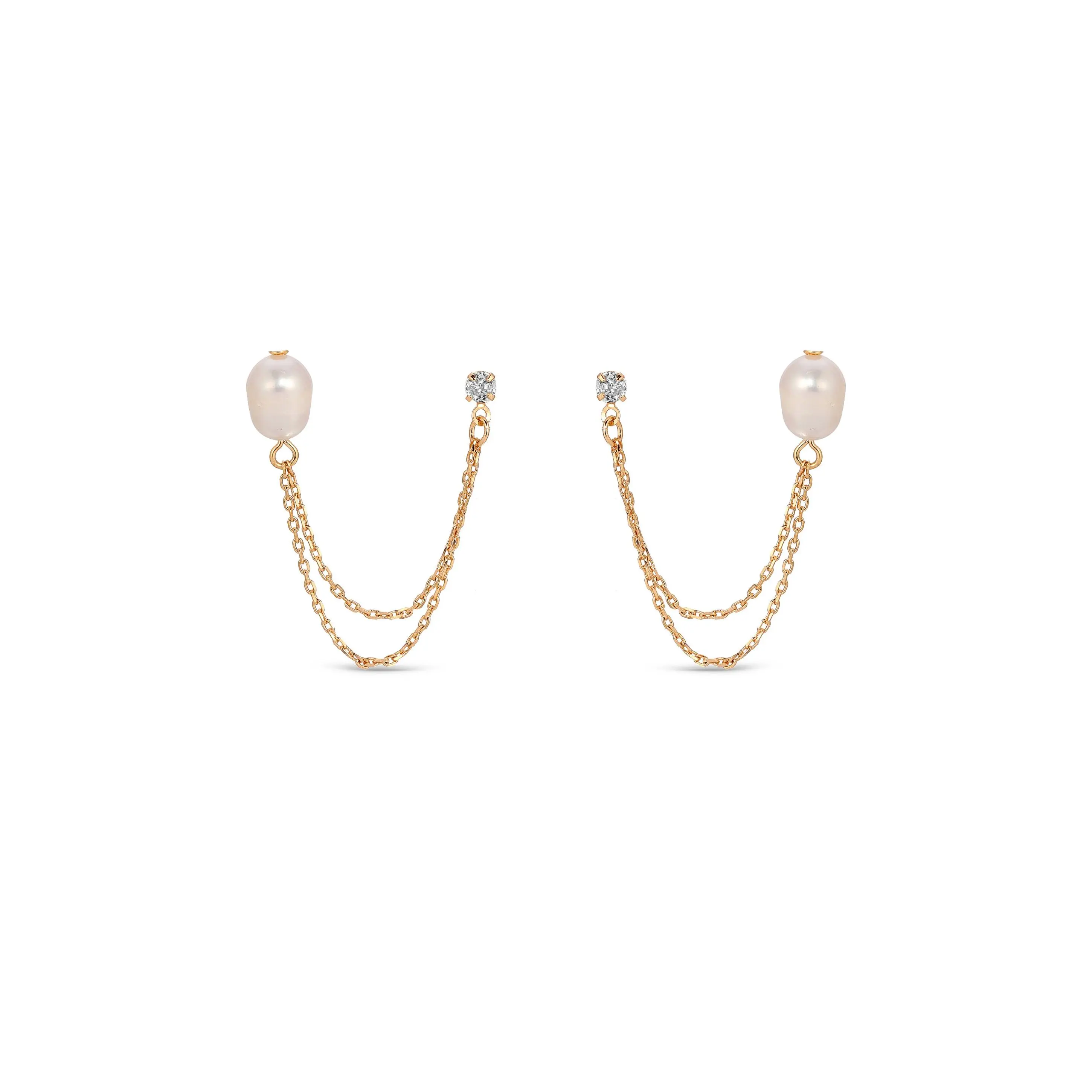 Double Piercing Freshwater Pearl Earring – 18K Gold Plated Dangle Chain Earrings for Women, Elegant Pearl Drop Statement Jewelry