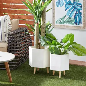 Set of 2 White Magnesium Oxide Indoor Outdoor Planter with Wood Tripod Legs
