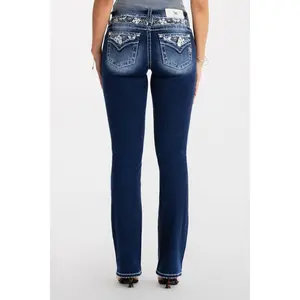MissMe Orion Bootcut Jeans - Womenswear Y2K Inspired Mid-Rise Bootcut with Waist-Detail Design, Leg-Lengthening Silhouette & Vintage Wash Glam Denim