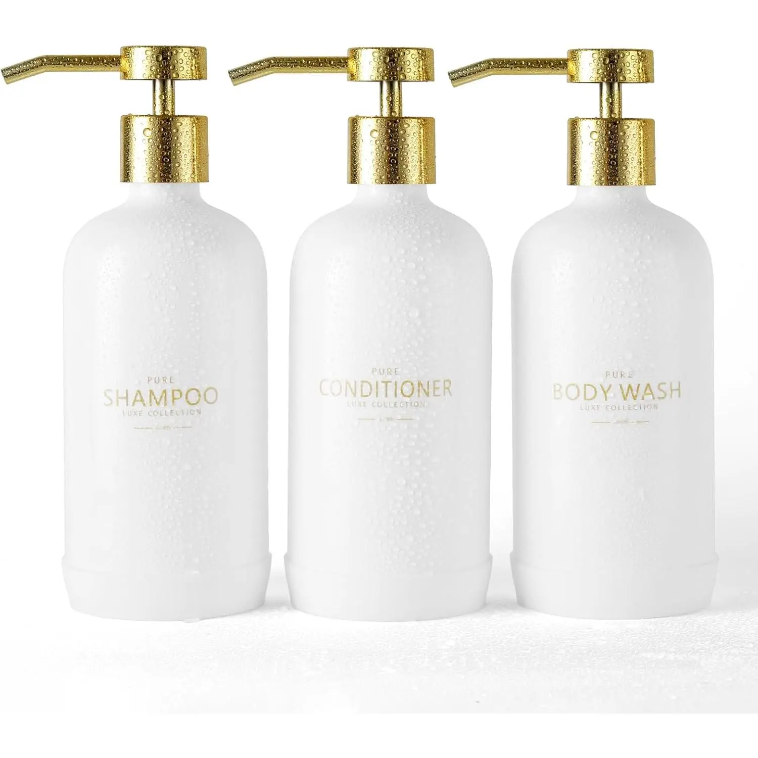 Shampoo and Conditioner Dispenser Set of 3,Refillable 21oz Shampoo Bottles with Non-Slip Protective  Pad,Shower Soap Dispenser with  Labels for Bathroom (White)
