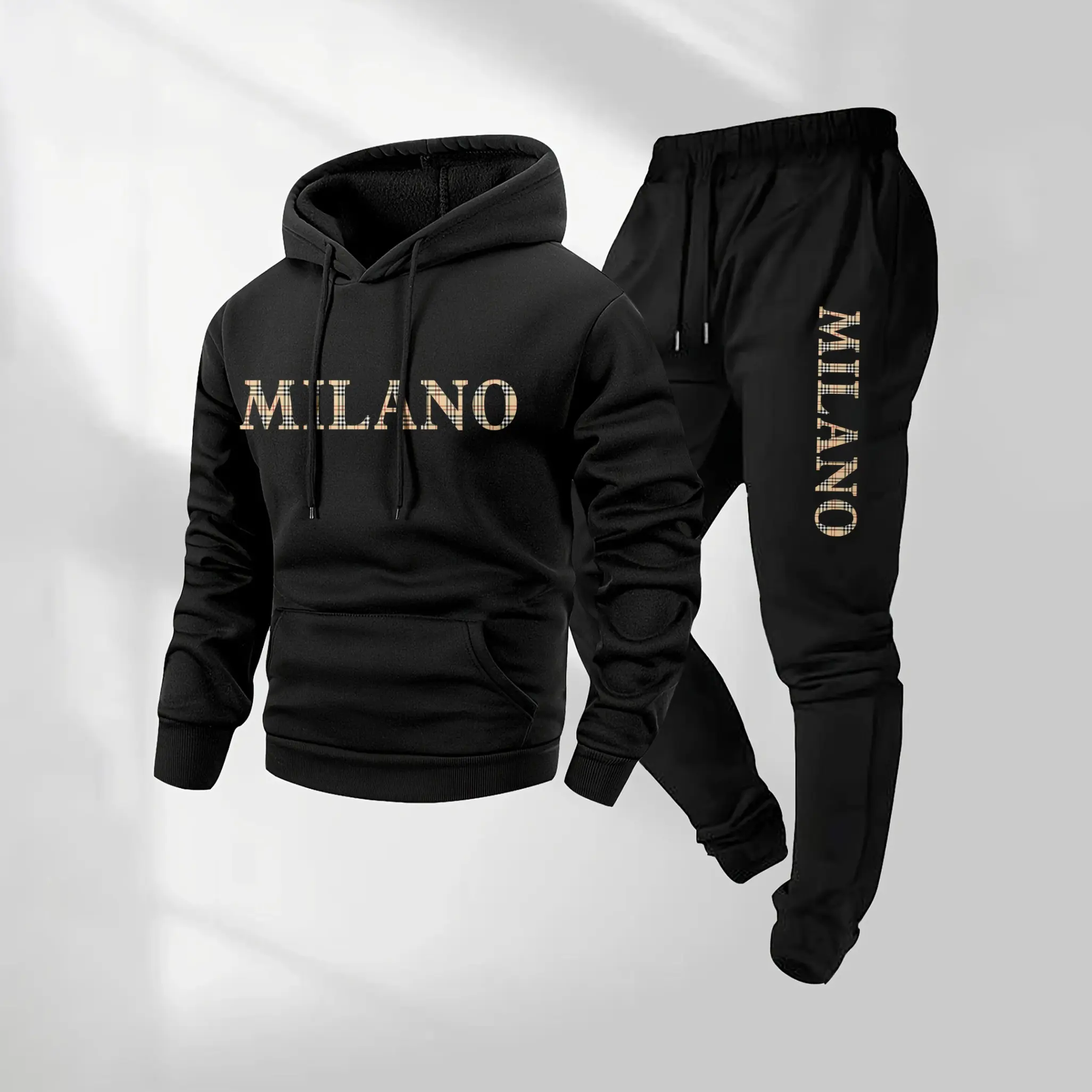 Men's 2-Piece Minimalist MILANO Letter Print Hoodie & Drawstring Sweatpants Clothes Set - Long Sleeve Hooded Jacket, Loose Casual Fit Joggers with Pockets, Breathable Polyester Fabric, Fall Winter Mensfashion Athleisure for Day, Workout Gym Clothing, Athl