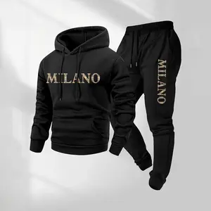 Men's MILANO Letter Pattern Print Hoodie and Drawstring Sweatpants Set, Menswear, Casual Athletic Long Sleeve Hooded Jacket & Trousers for Fall & Winter, Men's Clothing for Daily Wear, Sportswear Indoor Outdoor, Tracksuit, Athleisure