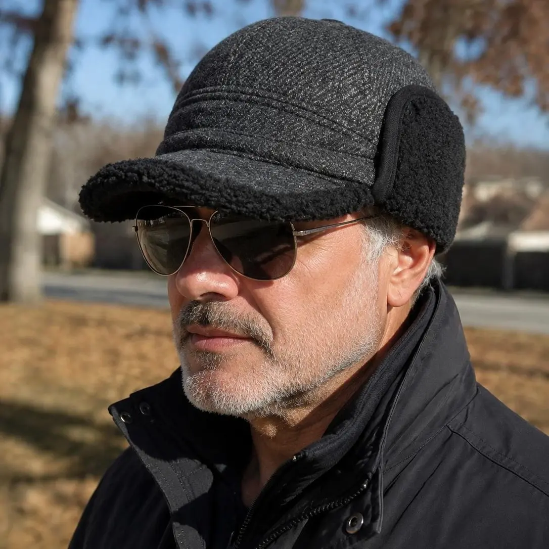 Men's Fleece-Lined Thick Thermal Ear Flap Hat - Sports & Outdoor Hat Accessory for Autumn-Winter, Ideal for Dads