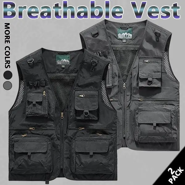 Men's solid color multi-pocket zip vest, casual streetwear, fishing, hollow V-neck tank jacket, suitable for year-round wear, men's everyday clothing.