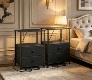 2-Piece LED Nightstand Set, Modern Bedside End Table with Built-In Charging Station, Open Storage Shelf and 2 Fabric Drawers, Functional Side Cabinet for Bedrooms and Small Living Spaces, Black Finish