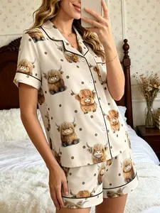 Women's Pajamas Set Trendy Highland Cow Print Polka Dots Summer Button Down Short Sleeve Shorts Soft Comfy Loose Fit 2 Piece Casual Sleepwear Loungewear Womenswear for Women