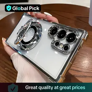 Magnetic Electroplating Transparent Hard Phone Case with Camera Protection For Samsung Galaxy, Four Corner Anti-drop Phone Casing with Camera Lens Protective Film Clear Cover Built-in Invisible Ring Stand Anti-Drop Foldable Magnetic Phone Case