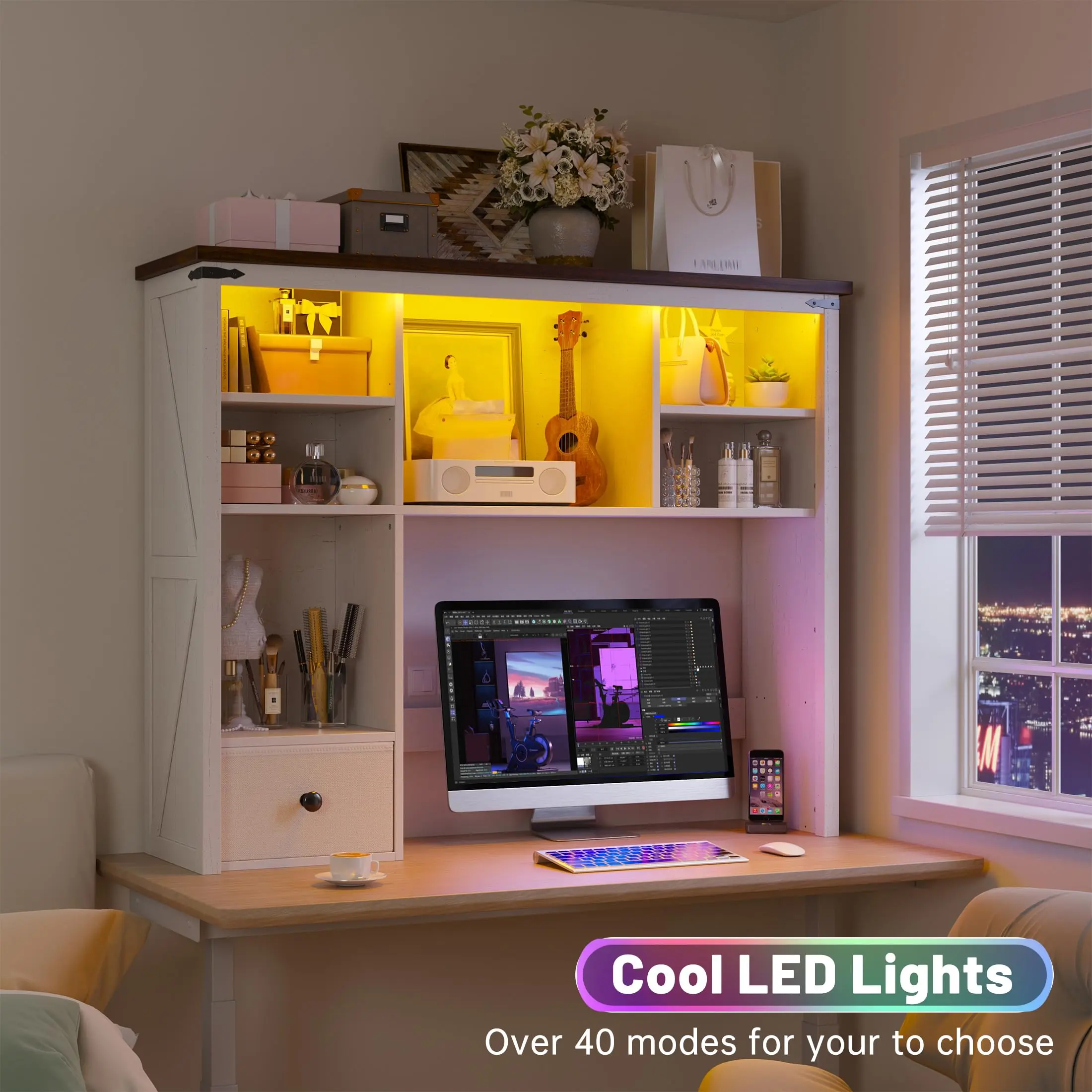 Raybee Furniture 37.4" W Desk Shelf with LED Lights, 8-Shelf &1 Drawer for Computer Desk, Table Shelf Adjustable Wood Design & Hutch Organizer Shelves on Desk for Study Home Office