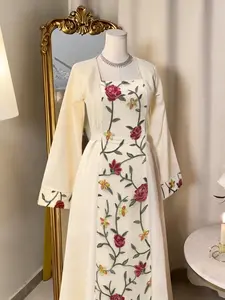 ASANDY Women's Embroidered Waist Long Sleeve Ethnic Style Casual Boho Elegant Dress, Traditional Floral Design, Perfect for Casual & Formal Wear