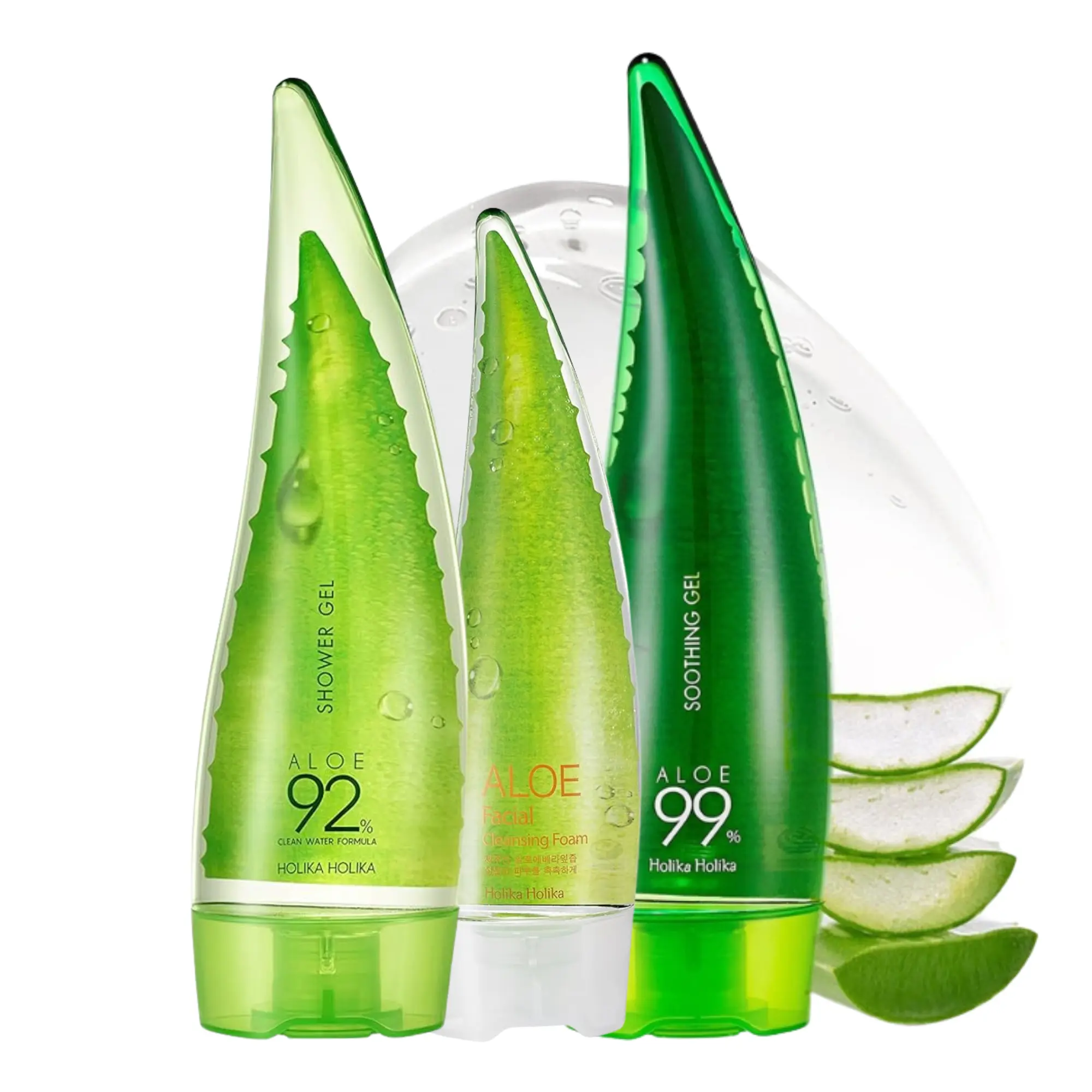 Holika Holika Aloe Gel Series Variations - 99% Aloe Soothing Gel 250ml, Aloe 92% Shower Gel 250ml, Facial Cleansing Foam 150ml– Multi-Purpose Moisturizer for Face, Body & Hair Moisturizing Hydrating