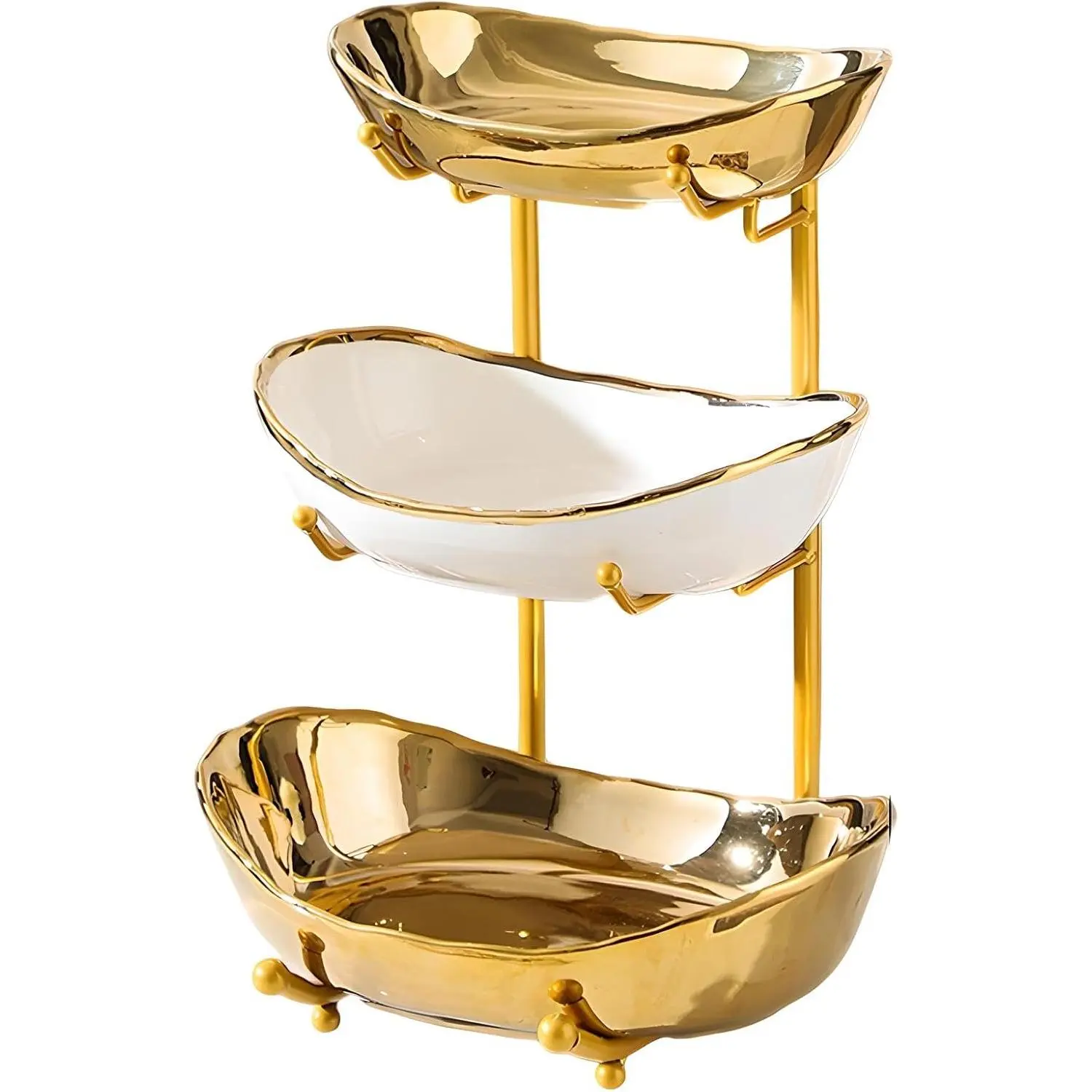 Gold 3-Tier Metal-Stand Kitchen Organizer - White Ceramic Compartment Trays with a Gold Triple Layer Design for Snacks, Nuts (Home Supplies Storage Rack), Food Storage