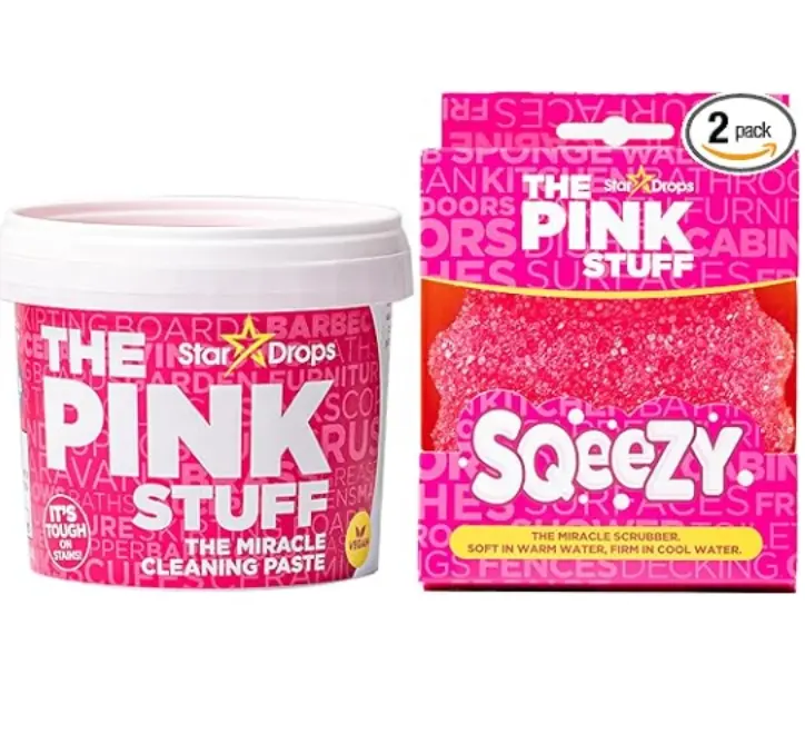 StarDrops The Pink Stuff Miracle Cleaning Paste & SQeeZY Scrubber Sponge Bundle - Rhubarb Scented Non-Scratch Cleaner for Kitchens Bathrooms Walls Floors Pots Grout