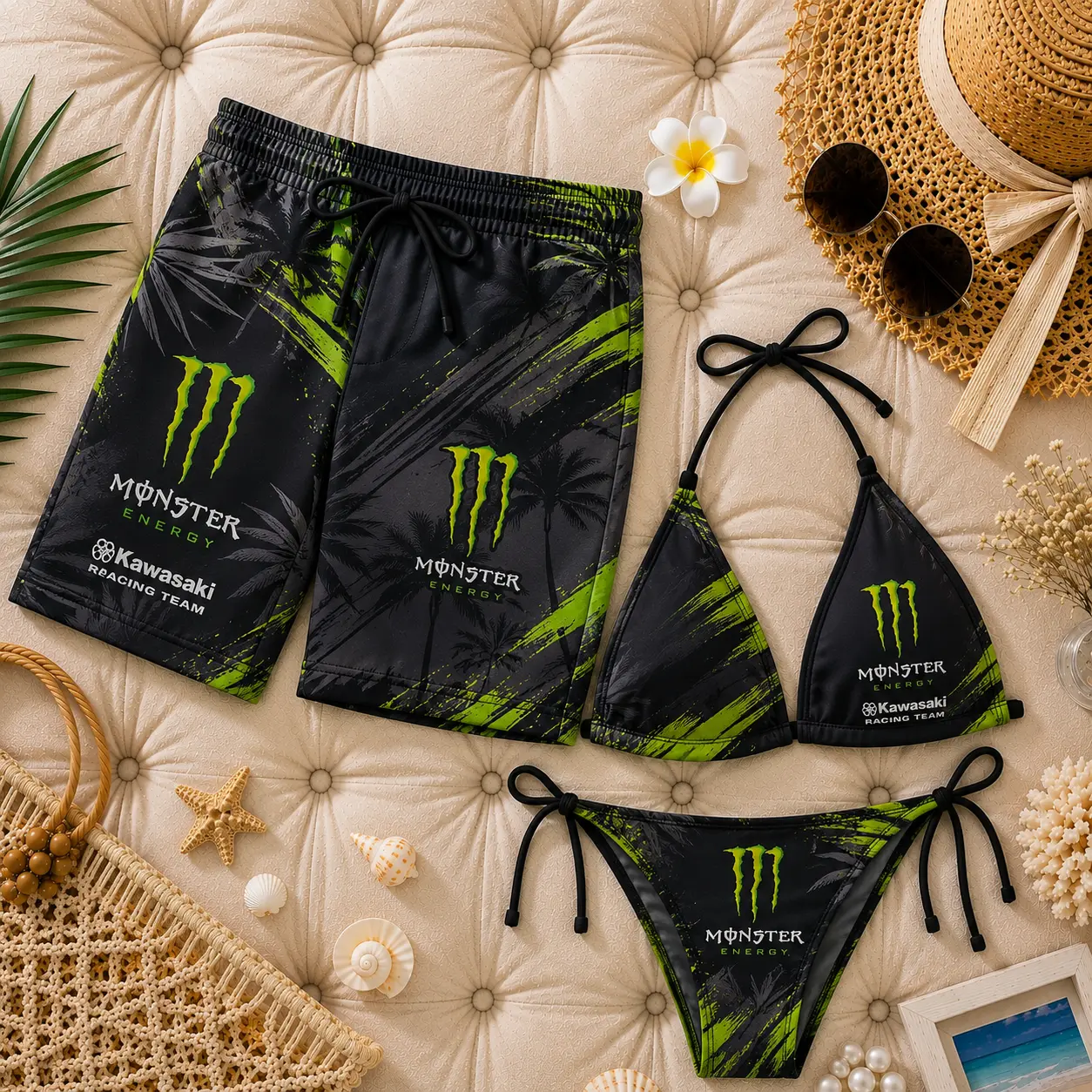 Matching Monster Floral Couple Swimwear Set - Women's Triangle Bikini, Men's Quick-Dry Beach Board Shorts, Summer Vacation Pool Party Outfit