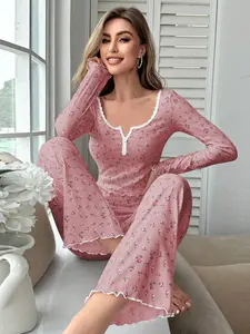 Women's Sexy Deep V Neck Print Pajama Set, Slim Fit Long Sleeve Button-Up Top & Pants, Fashionable Sleepwear for Ladies