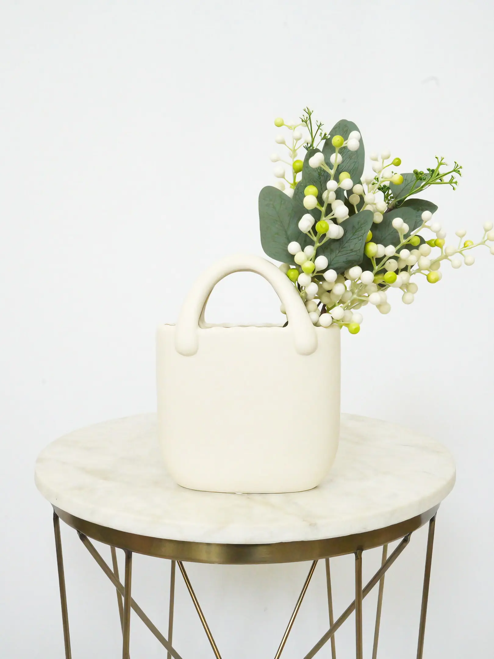 High Quality Ceramic "Handbag" Vase with Artificial Berries and Eucalyptus | Artificial Flowers Arrangement | Gift for Girl | Gift for Woman Decor Light