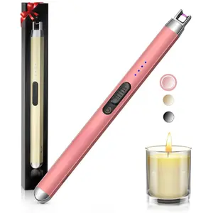 Candle Lighter, Rechargeable USB Long Lighters, Windproof Flameless Lighte with LED Power Display ＆ Safety Switch, Arc Electric Lighters for Candle Birthday Camping BBQ(Rose Gold)