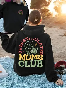 Women's Casual Oversized Hoodie, "Overstimulated Moms Club" Funny Slogan & Colorful, Floral Graphic Hooded Sweatshirt, Mom-Themed Casual Apparel, Soft Fabric Relaxed Fit Hoodie, Ideal for Playdates, Casual Outings & Mom Hangouts, Fitted, Womenswear, Style