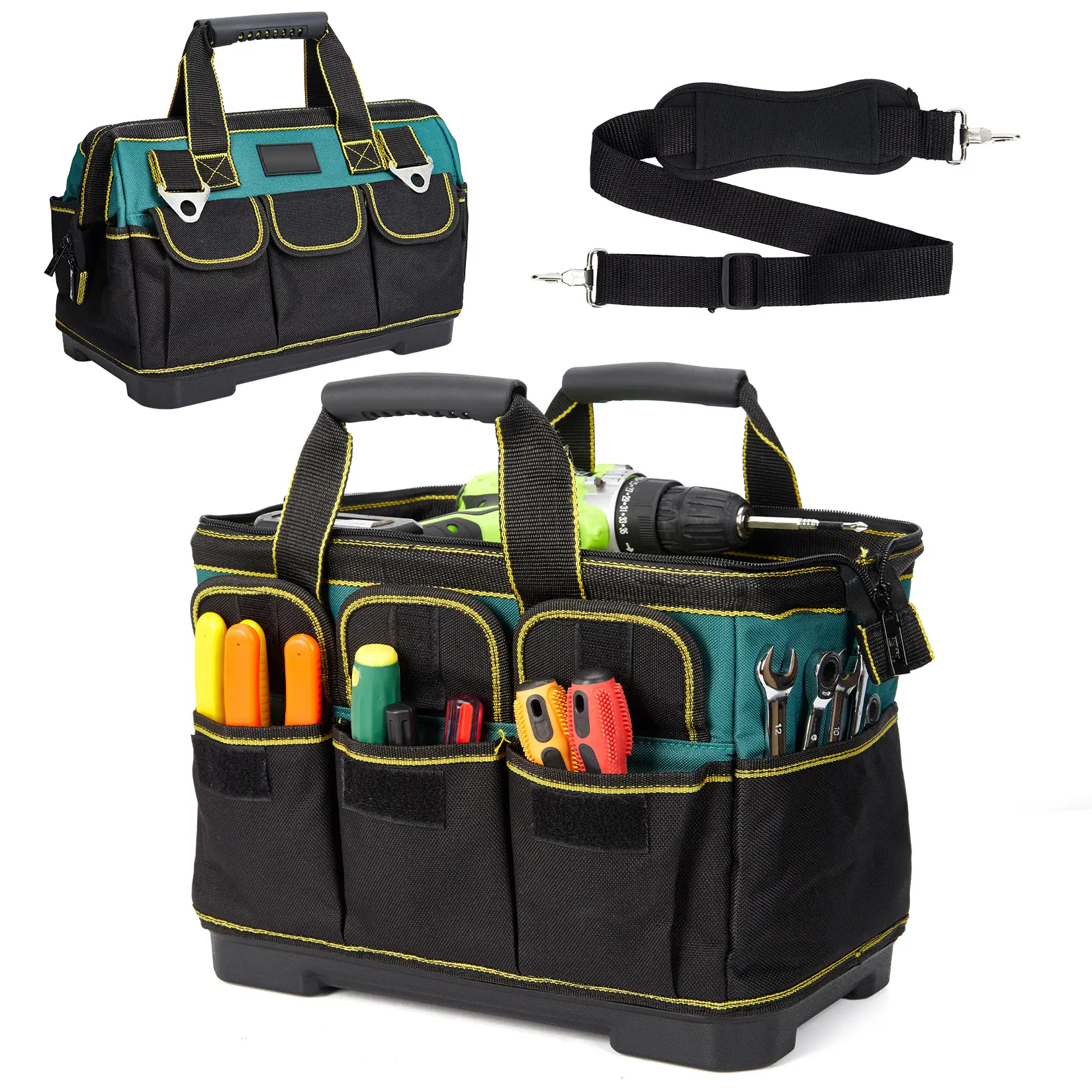15 Inch Heavy Duty Tool Bag with Multiple Pockets, Waterproof Wide Mouth Tool Tote with Molded Base & Adjustable Shoulder Strap, Portable Soft Tool Organizer for Electricians, Mechanics & DIY Projects