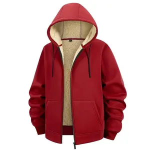 Men's Fall Winter Fleece Lined Hoodie,  red leather,Plain Design, Casual Loose Fit, Zipper Closure, Drawstring Adjustable, Perfect for Daily Wear