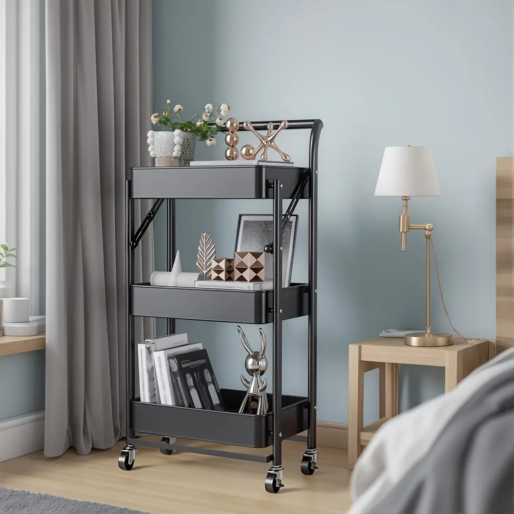 3-Tier Foldable Rolling Utility Cart, No Assembly Required, Space-Saving Metal Storage Cart with Wheels, Portable Organizer for Office, Study Room, Kitchen, Bathroom & Home