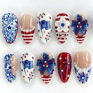 Sidosona S07 Luxury 4th of July American Flag Patriotic Almond Handmade Press-on Nails, Red Blue White Pearl Star Celebration, Statement Nails For Everyday, Salon Quality, Reusable Acrylic Handmade Nails with Tool Kit