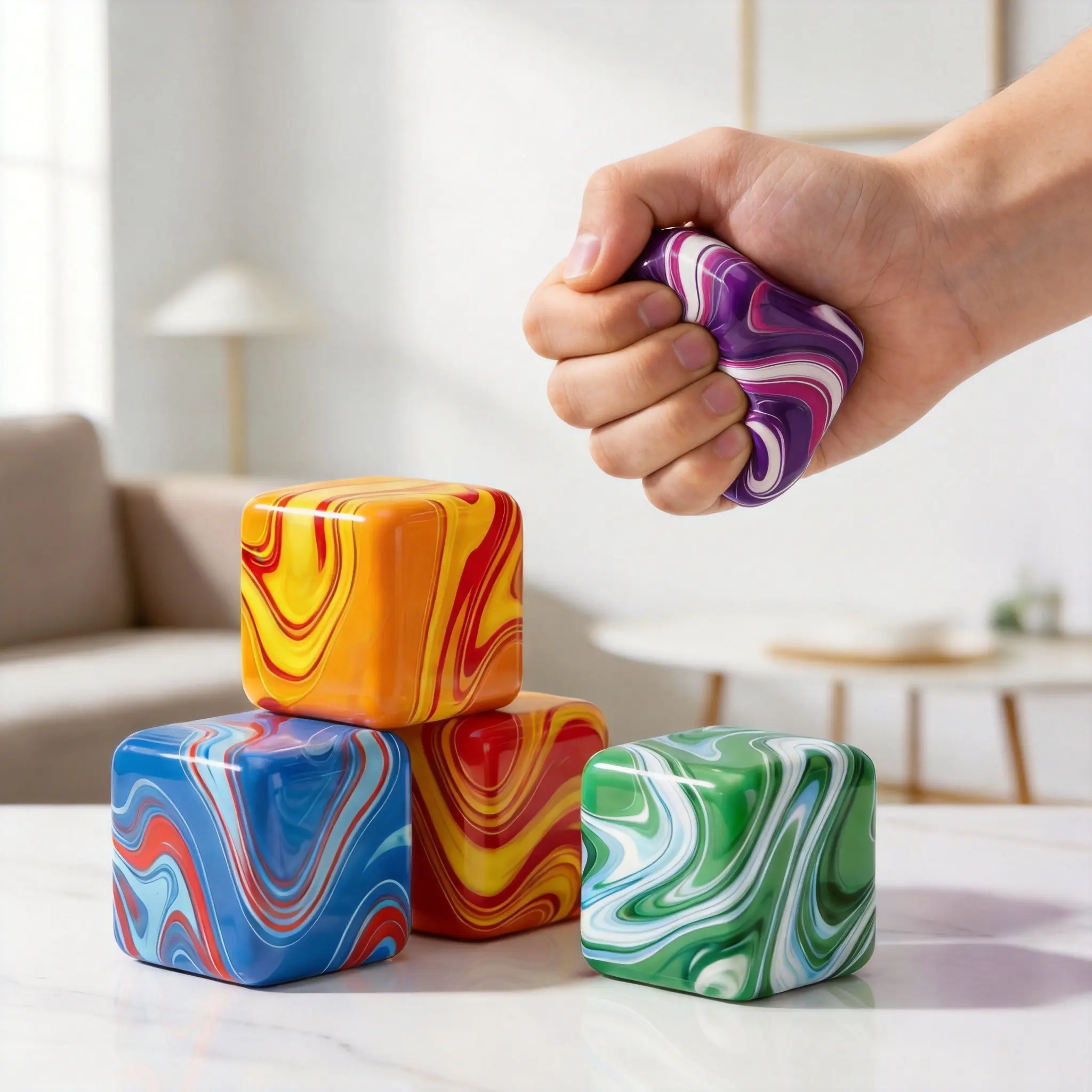 Swirl Cube Marshmallow Squishy Toys, Slow Rising Squeeze Fidget Toys, Marble Pattern Stress Relief Squishies, Soft Sensory Decompression Toys for Kids Adults, Colorful Anxiety Relief Cube Toys