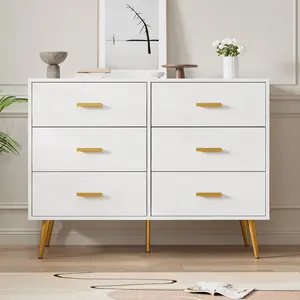 Wooden Chest of Drawers, Modern 6 Drawer Storage Cabinet with Gold Handles and Sturdy Metal Legs, Bedroom Dresser Organizer for Living Room, Hallway or Entryway