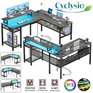 Cyclysio 55" Reversible L-Shaped Computer Desk Gaming Desk with Smart LED Light ＆ Outlets ＆ Monitor Stand