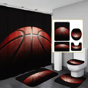 1/3/4PCS Sporty Basketball Shower Curtain set, Athletic Bathroom Decor, Accessories with Bath Mat, U-shaped Mat, Toilet Lid Cover, 12 Hooks 180x180cm Curtain, Basketball Fan, Home Decor, Shower Essentials, bathroom accessories.