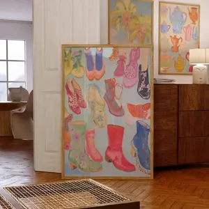 Unframed, Room Decor, Vintage Cowgirl Boots Art Print: Colorful Western Fashion Wall Decor