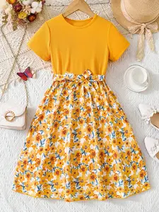 Sweet Girls Splicing Flower Print Short Sleeve Dress, Floral Pattern Dress, Casual Floral Dresses For Summer Gift
