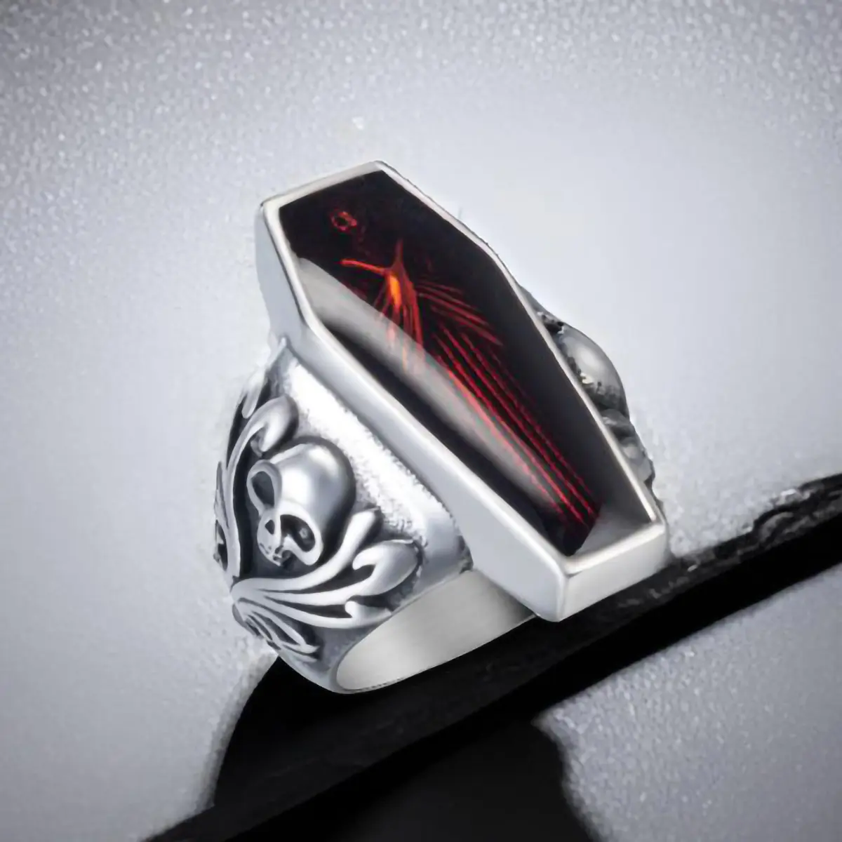 Vintage Vampire Coffin Ring for Men - Red Enamel Casket, Tarnish-Free Stainless Steel Gothic Skull Band, Goth Jewelry Rings, Size 8-13