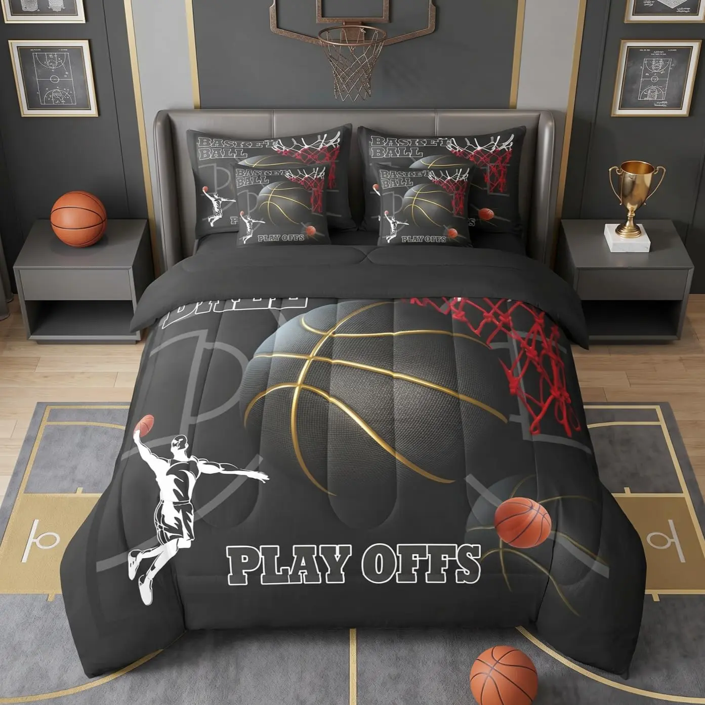 7 Piece Basketball Court Printed Comforter Set Sports Themed Bedding Sets for Basketball Room Decor,3D Ball Print Bed Sheets Set with Fitted Flat Sheet (Black)
