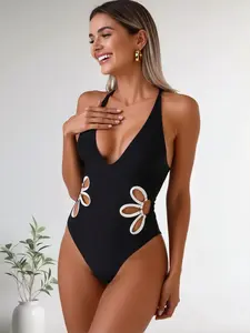 Black & White Contrast Halter Swimsuit - Side Cutout Tie Back One-Piece Bathing Suit