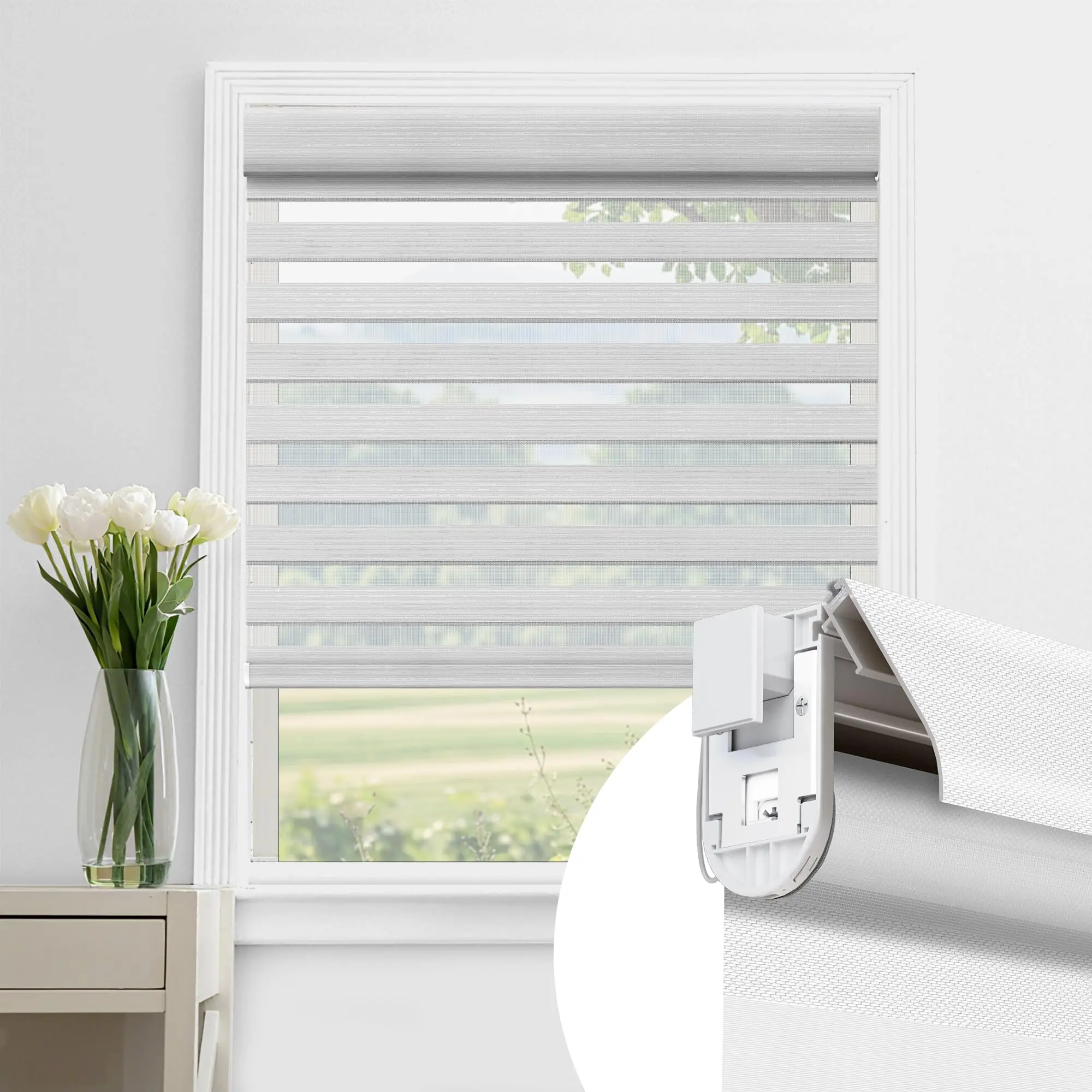Allesin Zen Cordless Zebra Blinds - No Drill No Tools Installation, Renter-Friendly, Dual-Layer Design Thermal Insulated Privacy Focus Shades, Fabric-Matched Cover Plate & Rod, UV Protection, Indoor Windows Use, 0-1m Compatibility, Zebra Stripes, No Drill
