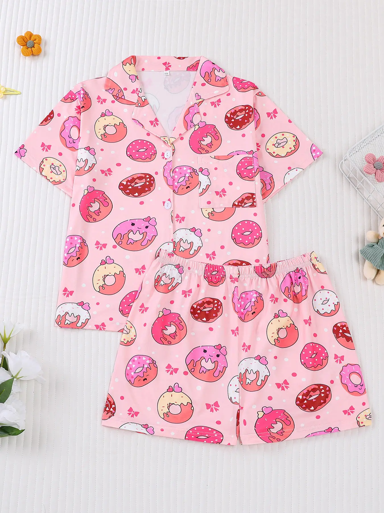 2 pieces of cute girls' donut print short sleeved shorts pajama set with buttons on the top and elastic waistband, suitable for all seasons of casual and comfortable home wear, Soft Casual Pajamas, Summer Sleepwear Set, Summer Pjs, Printed Sleepwear Set